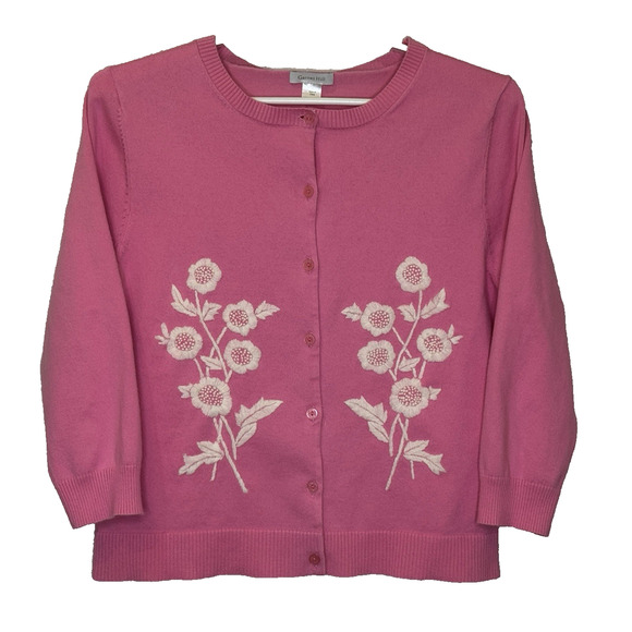 Garnet Hill Button Front Sweater Cardigan Womens Sz Large Pink Floral 3/4 Sleeve - Picture 1 of 8